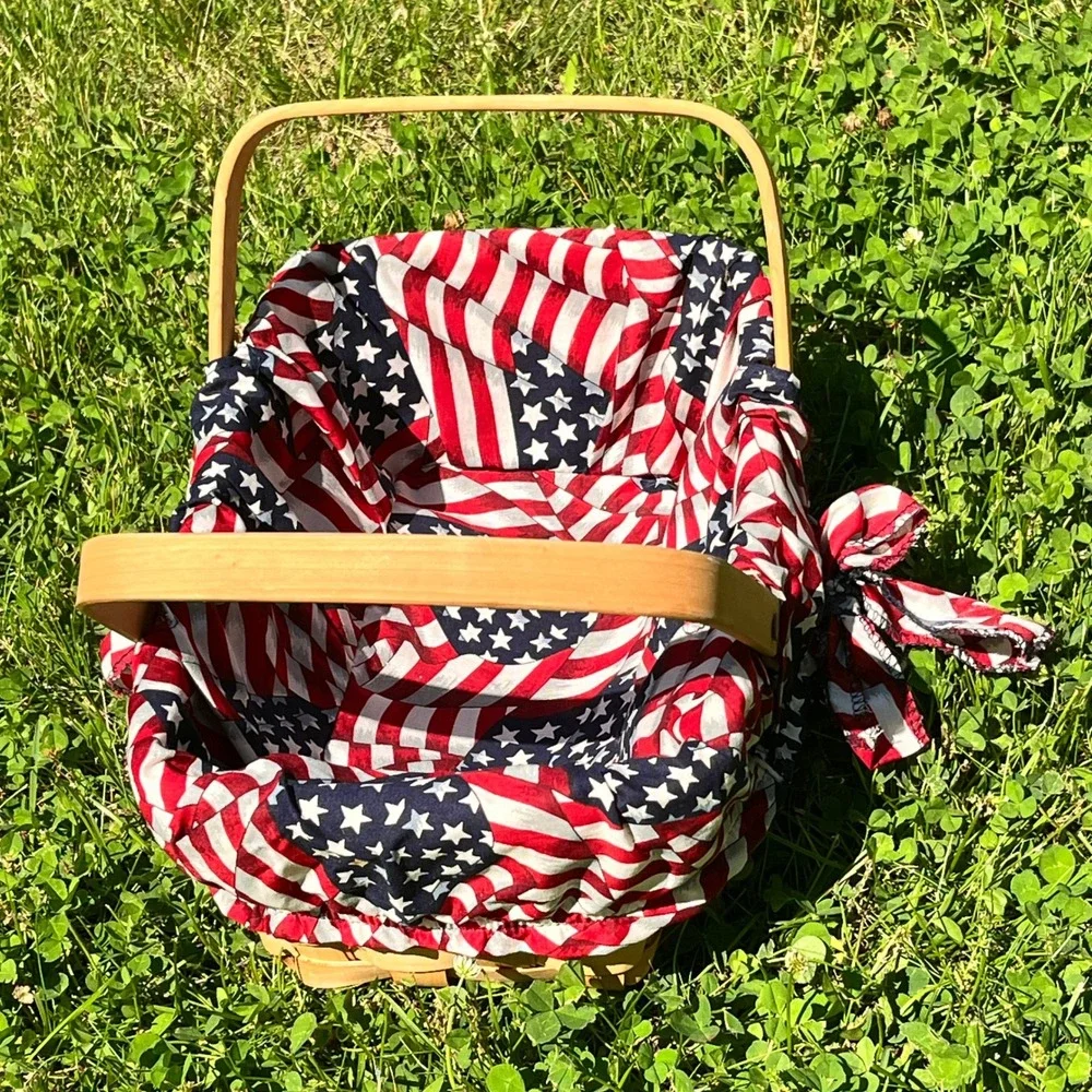 Vintage Double Articulated Handled Basket With Flag Patriotic Liner 12